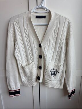 Tommy Hilfiger Cable-Knit Cropped Cardigan Size M Light Academia Preppy